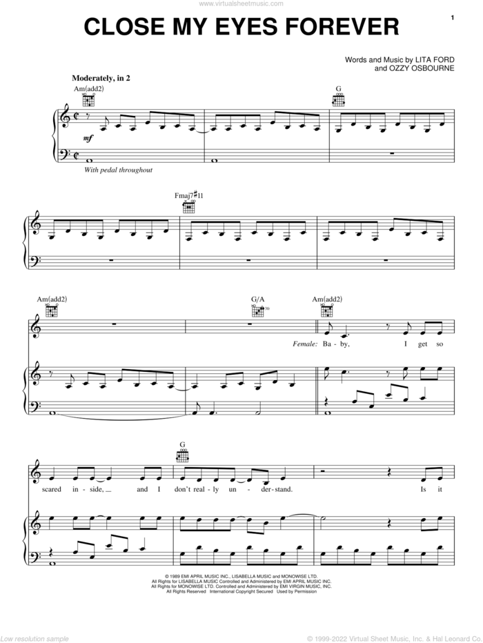 Close My Eyes Forever sheet music for voice, piano or guitar by Ozzy Osbourne and Lita Ford, intermediate skill level