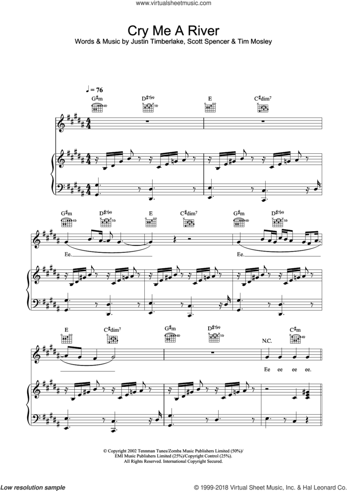 Cry Me A River sheet music for voice, piano or guitar by Justin Timberlake, The Cliks, Scott Spencer and Tim Mosley, intermediate skill level