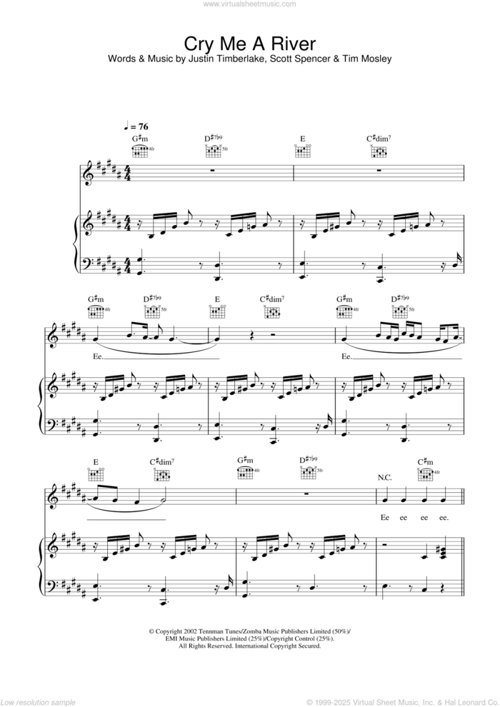 Cry Me A River sheet music for voice, piano or guitar by Justin Timberlake, The Cliks, Scott Spencer and Tim Mosley, intermediate skill level