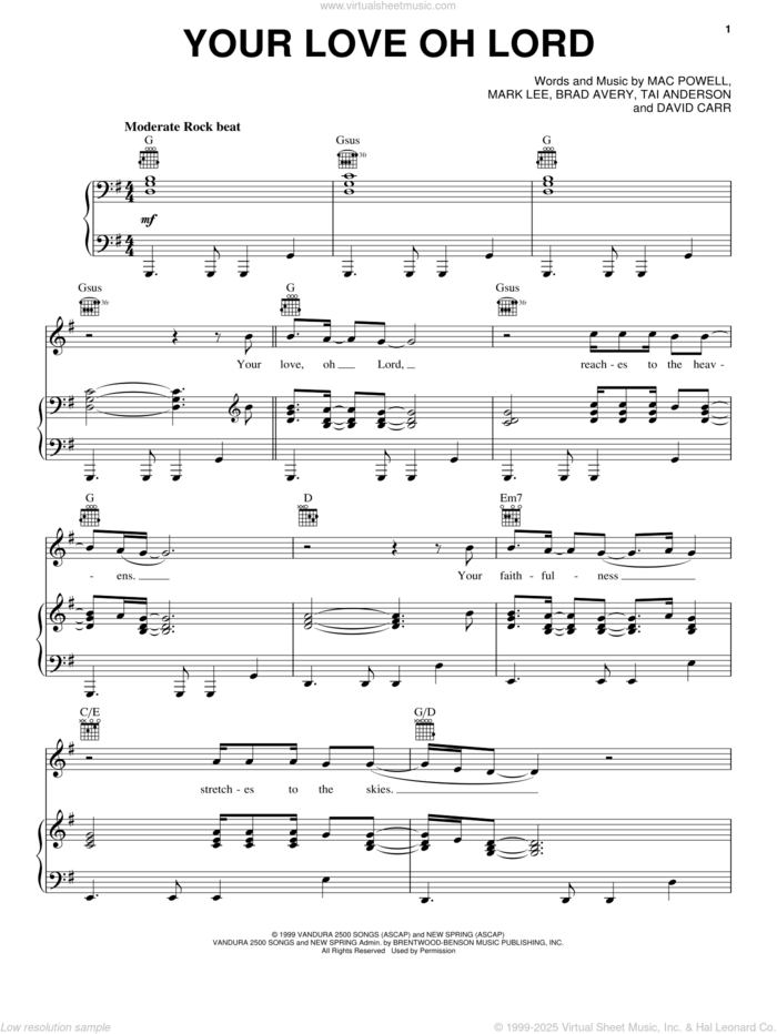 Your Love Oh Lord sheet music for voice, piano or guitar by Third Day, Brad Avery, David Carr, Mac Powell, Mark Lee and Tai Anderson, intermediate skill level