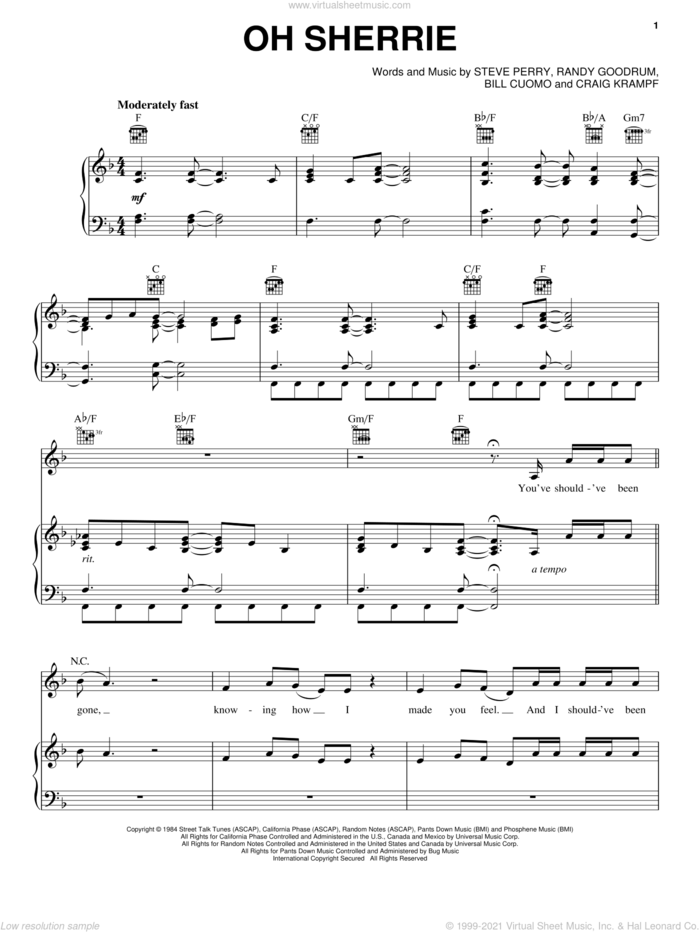 Oh Sherrie sheet music for voice, piano or guitar by Steve Perry, Rock Of Ages (Musical), Bill Cuomo, Craig Krampf and Randy Goodrum, intermediate skill level