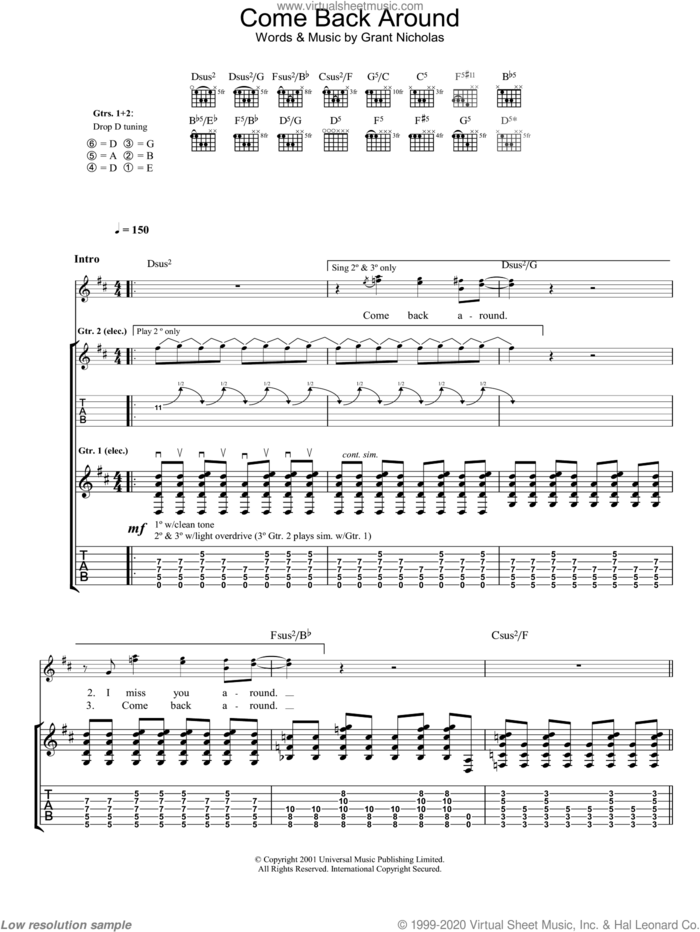 Come Back Around sheet music for guitar (tablature) by Feeder, intermediate skill level