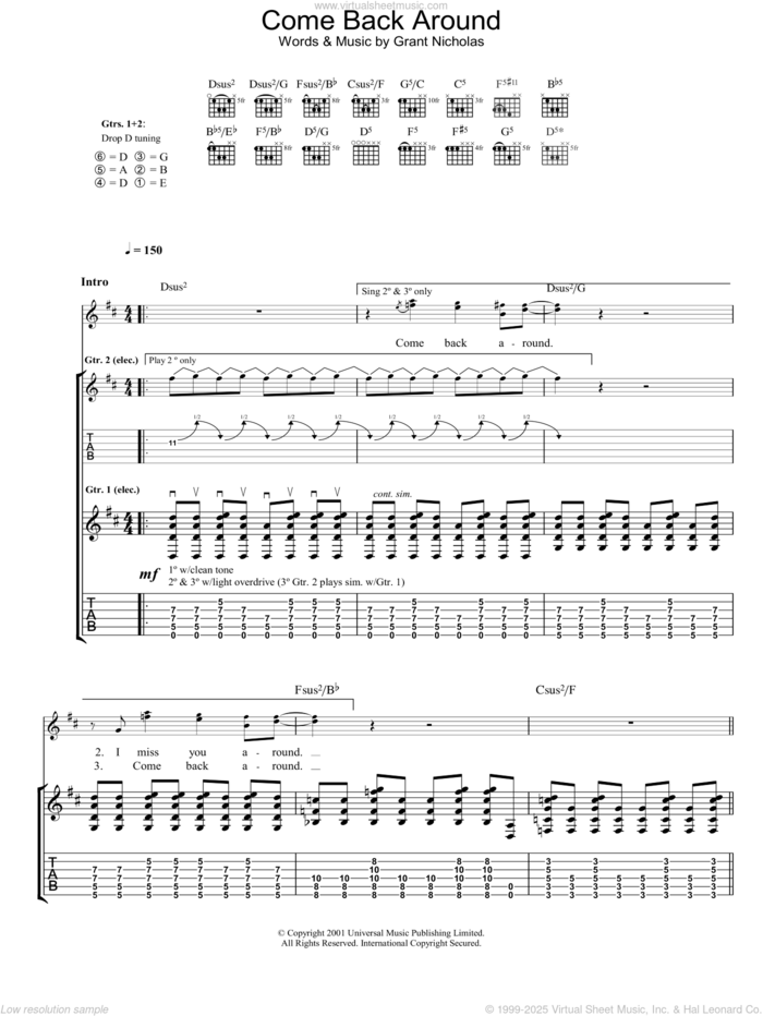 Come Back Around sheet music for guitar (tablature) by Feeder, intermediate skill level