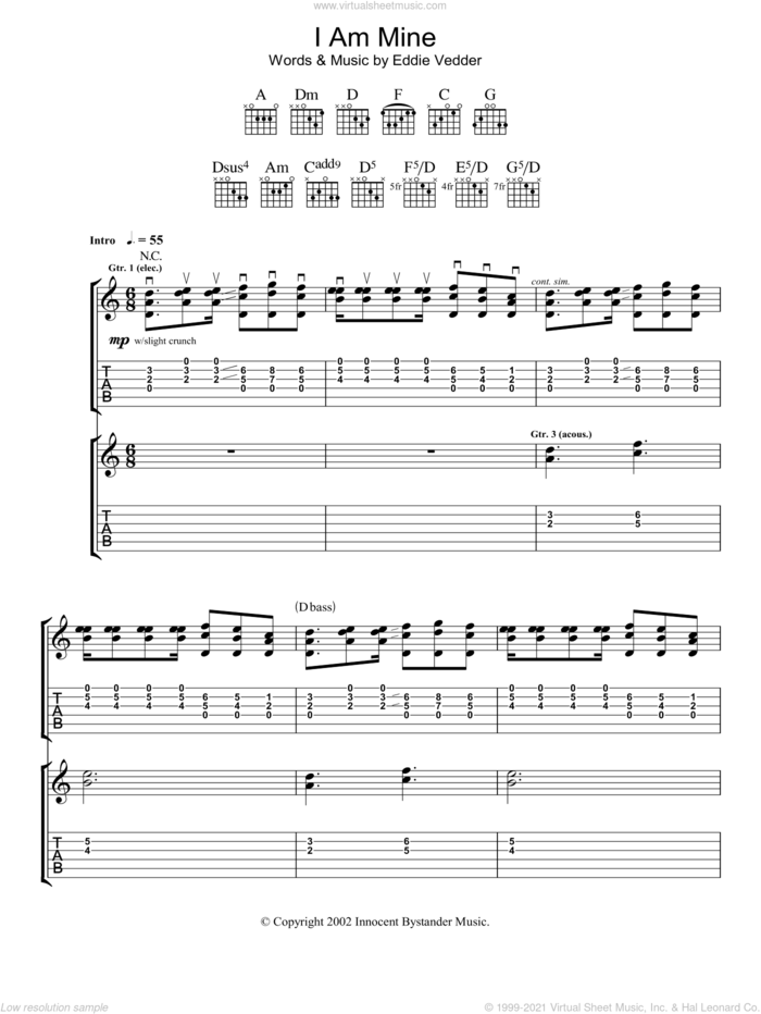 I Am Mine sheet music for guitar (tablature) by Pearl Jam, intermediate skill level