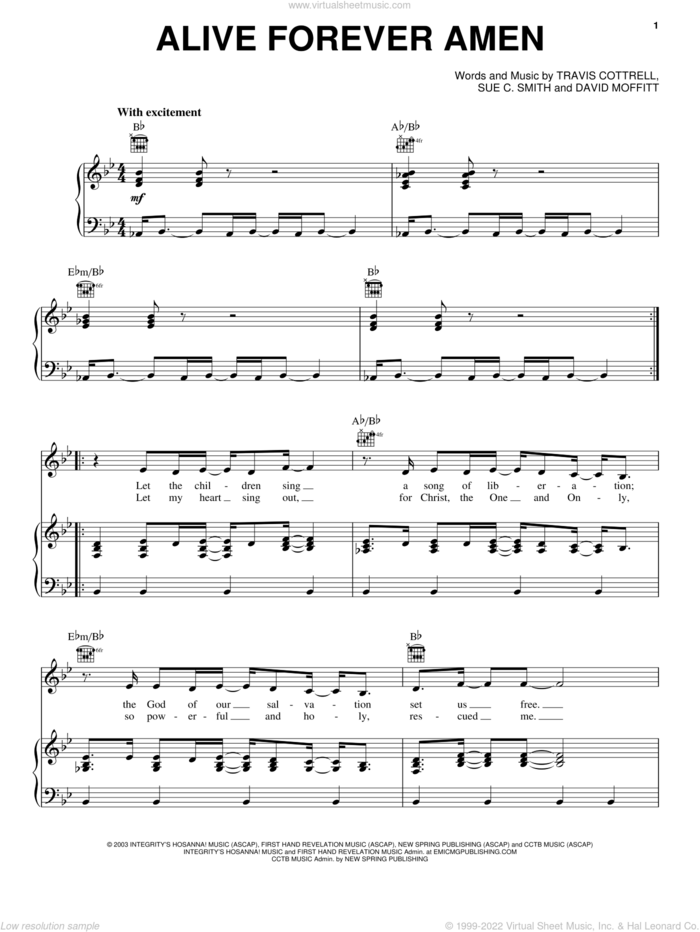 Alive Forever Amen sheet music for voice, piano or guitar by Travis Cottrell, David Moffitt and Sue C. Smith, intermediate skill level