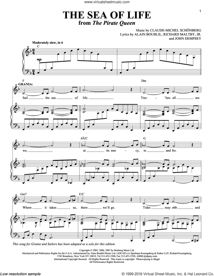The Sea Of Life (from The Pirate Queen) sheet music for voice and piano by Claude-Michel Schonberg, Alain Boublil, Boublil and Schonberg, John Dempsey and Richard Maltby, Jr., intermediate skill level