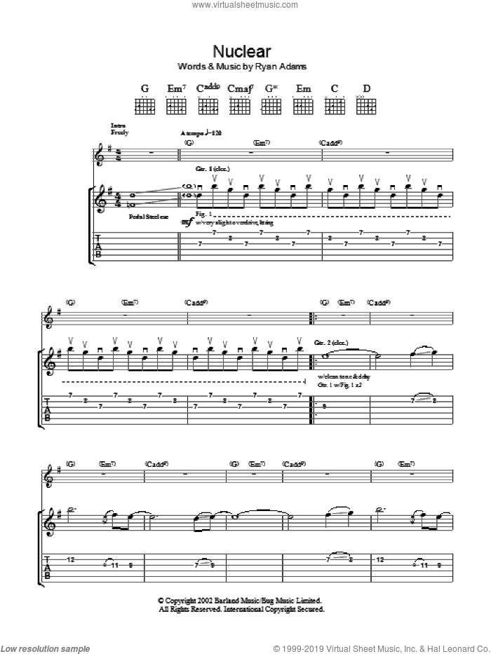 Nuclear sheet music for guitar (tablature) by Ryan Adams, intermediate skill level
