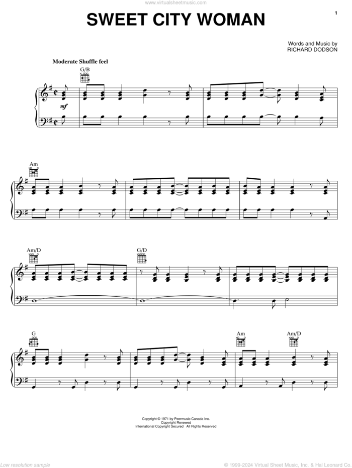 Sweet City Woman sheet music for voice, piano or guitar by Stampeders and Richard Dodson, intermediate skill level