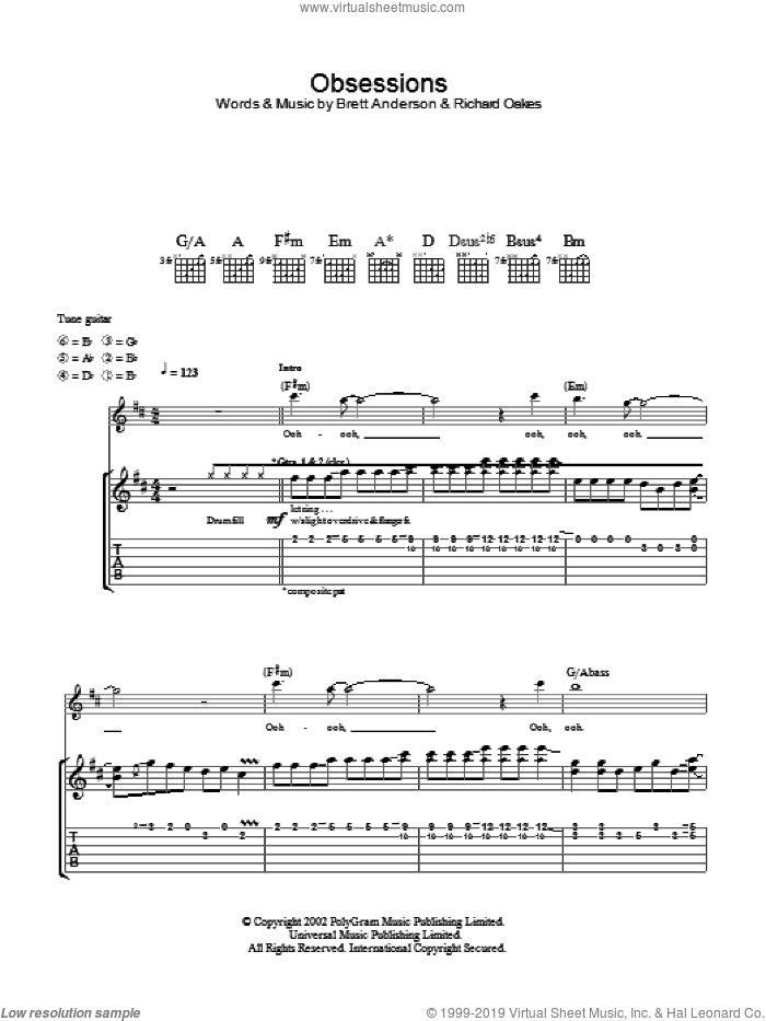 Obsessions sheet music for guitar (tablature) by Suede, intermediate skill level