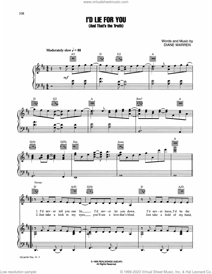 I'd Lie For You (And That's The Truth) sheet music for voice, piano or guitar by Meat Loaf and Diane Warren, intermediate skill level