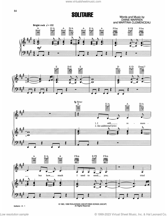Solitaire sheet music for voice, piano or guitar by Laura Branigan, Diane Warren and Martine Clemenceau, intermediate skill level