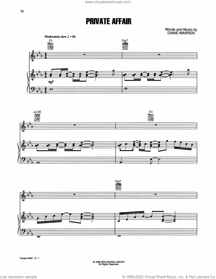 Private Affair sheet music for voice, piano or guitar by The Jacksons and Diane Warren, intermediate skill level