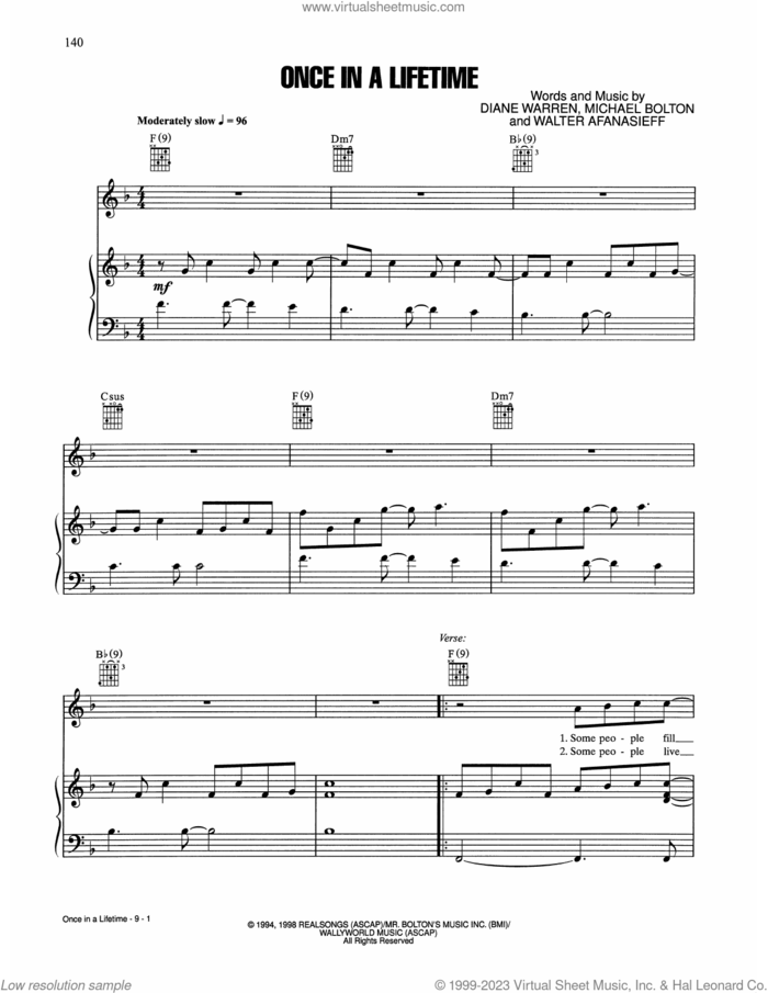 Once In A Lifetime sheet music for voice, piano or guitar by Michael Bolton, Diane Warren and Walter Afanasieff, intermediate skill level