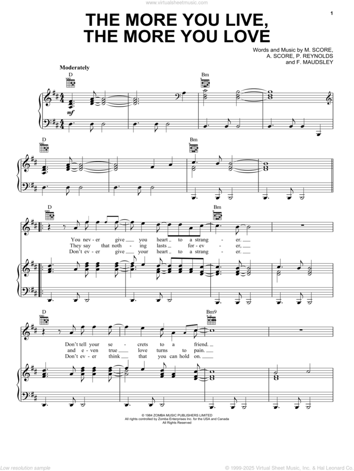 The More You Live, The More You Love sheet music for voice, piano or guitar by A Flock Of Seagulls, A. Score, F. Maudsley, M. Score and P. Reynolds, intermediate skill level