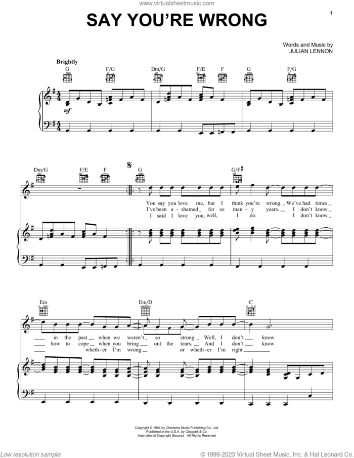 Say You're Wrong sheet music for voice, piano or guitar by Julian Lennon, intermediate skill level