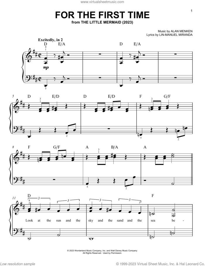 For The First Time (from The Little Mermaid) (2023) sheet music for piano solo by Halle Bailey, Alan Menken and Lin-Manuel Miranda, easy skill level
