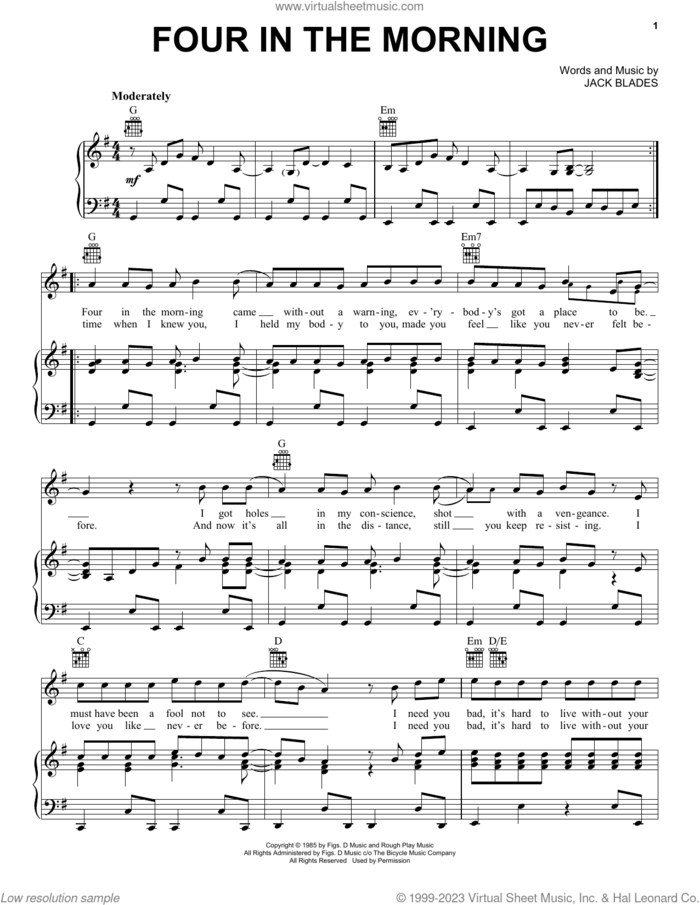 Four In The Morning sheet music for voice, piano or guitar by Night Ranger and Jack Blades, intermediate skill level