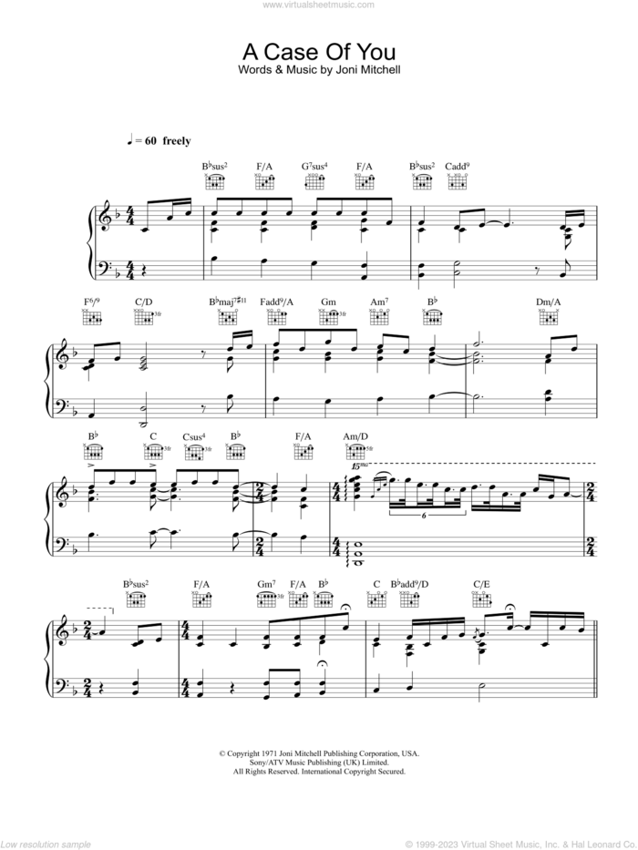 A Case Of You sheet music for voice, piano or guitar by Diana Krall and Joni Mitchell, intermediate skill level