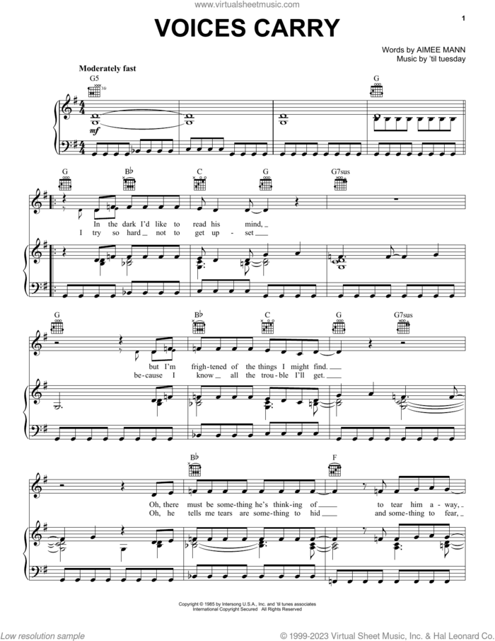 Voices Carry sheet music for voice, piano or guitar by 'til tuesday and Aimee Mann, intermediate skill level