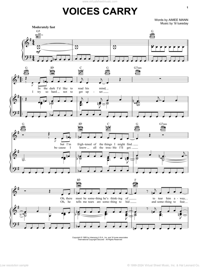 Voices Carry sheet music for voice, piano or guitar by 'til tuesday and Aimee Mann, intermediate skill level