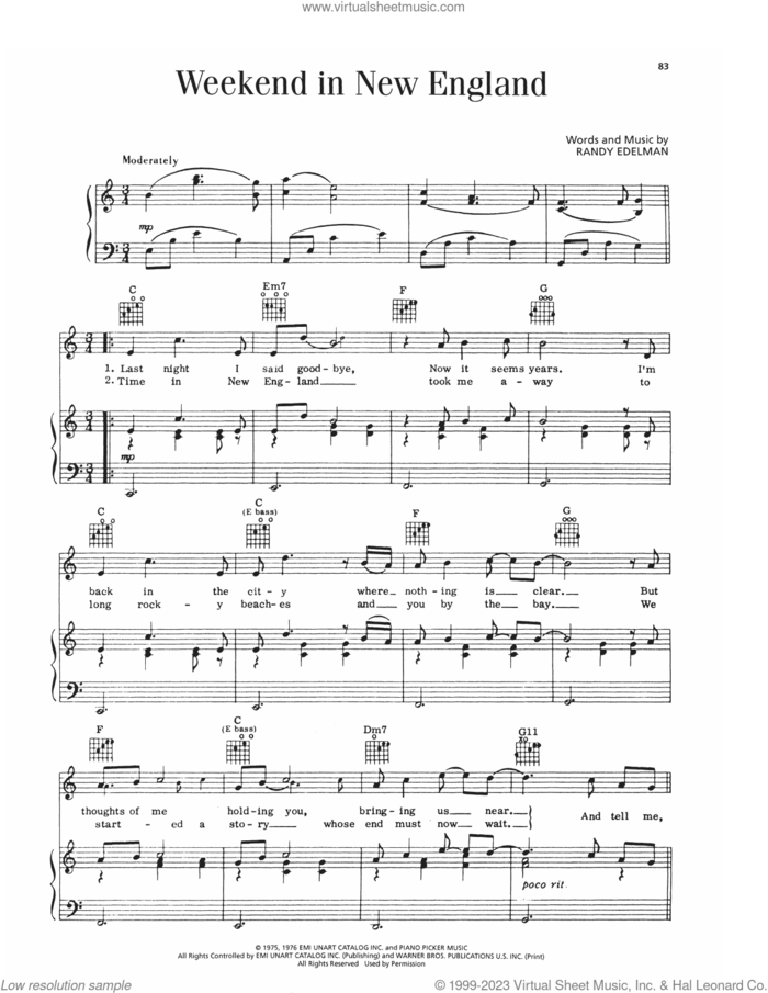 Weekend In New England sheet music for voice, piano or guitar by Barry Manilow and Randy Edelman, intermediate skill level