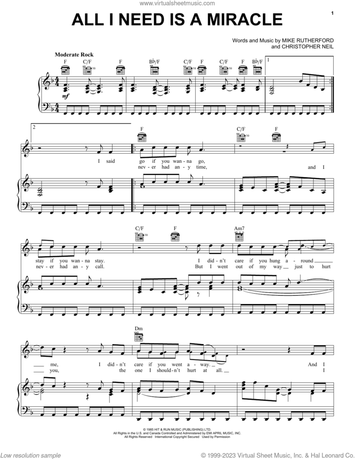 All I Need Is A Miracle sheet music for voice, piano or guitar by Mike & The Mechanics, Christopher Neil and Michael Rutherford, intermediate skill level