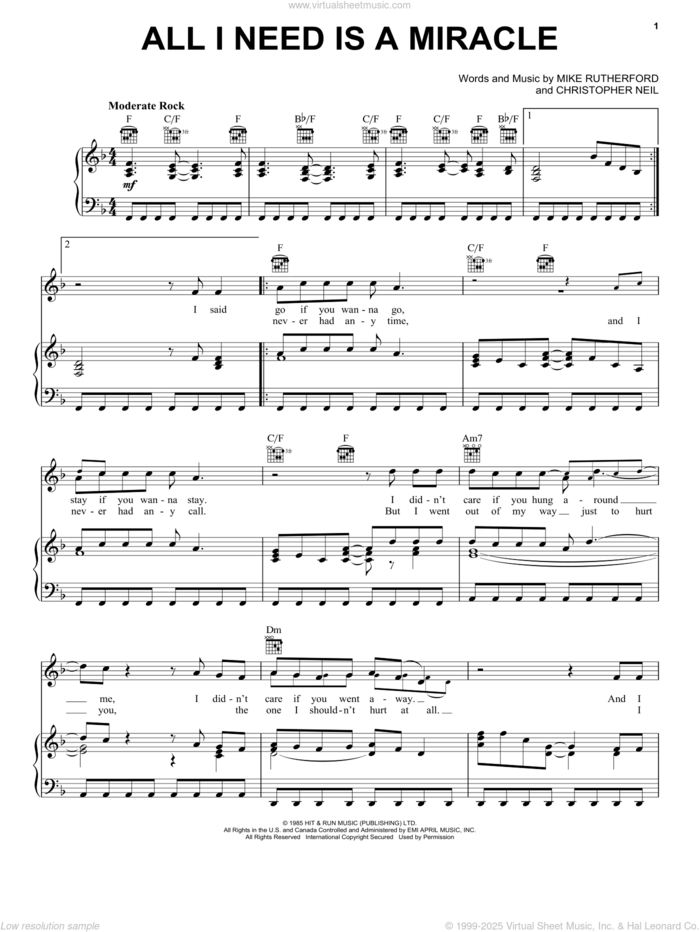 All I Need Is A Miracle sheet music for voice, piano or guitar by Mike & The Mechanics, Christopher Neil and Michael Rutherford, intermediate skill level