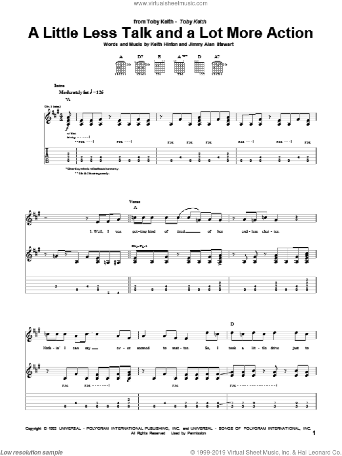 A Little Less Talk And A Lot More Action sheet music for guitar (tablature) by Toby Keith, Jimmy Alan Stewart and Keith Hinton, intermediate skill level