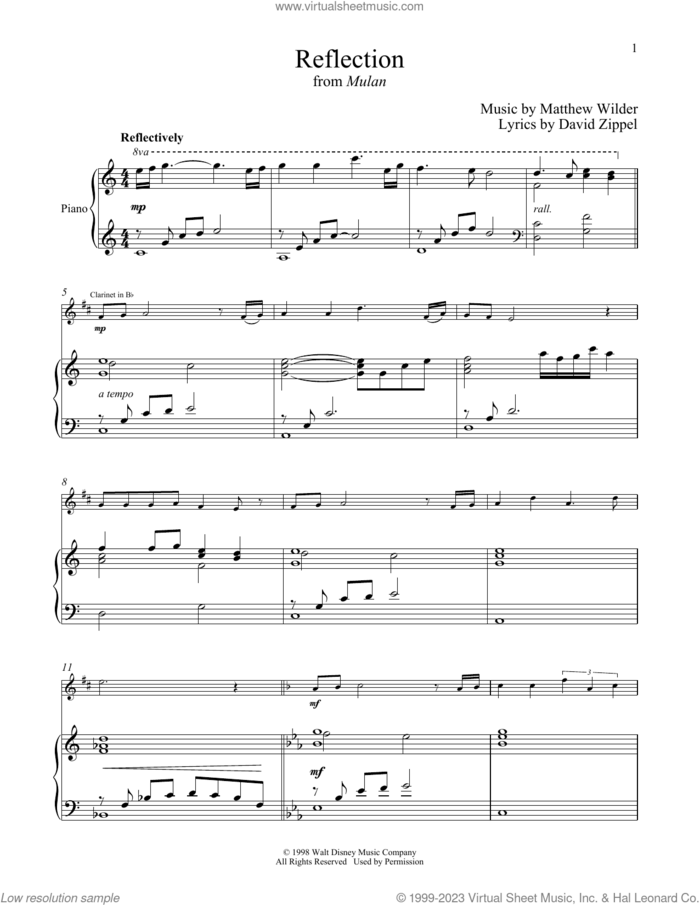 Reflection (from Mulan) sheet music for clarinet and piano by David Zippel, Christina Aguilera, Matthew Wilder and Matthew Wilder & David Zippel, intermediate skill level