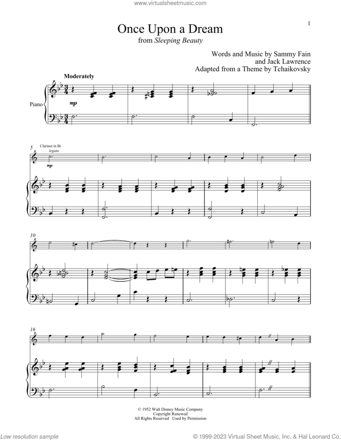 Once Upon A Dream (from Sleeping Beauty) sheet music for clarinet and piano by Sammy Fain, Jack Lawrence and Sammy Fain & Jack Lawrence, intermediate skill level