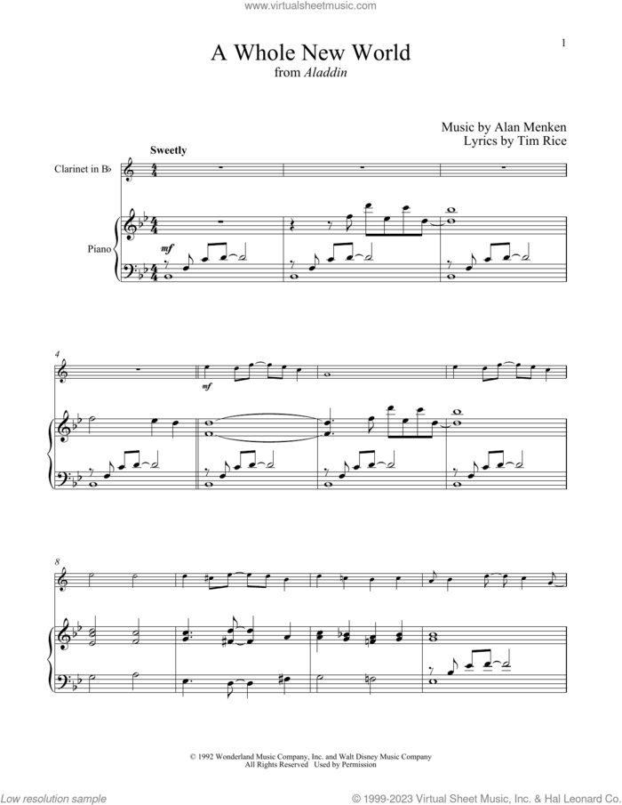 A Whole New World (from Aladdin) sheet music for clarinet and piano by Alan Menken, Alan Menken & Tim Rice and Tim Rice, intermediate skill level
