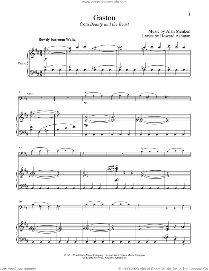 Gaston (from Beauty And The Beast) sheet music for cello and piano by Alan Menken, Alan Menken & Howard Ashman and Howard Ashman, intermediate skill level