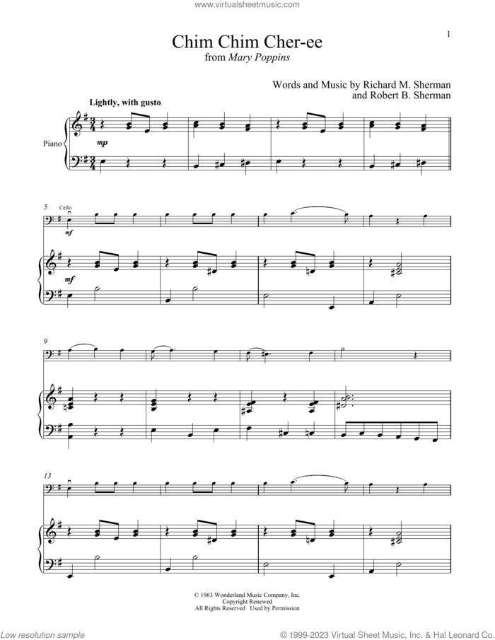 Chim Chim Cher-ee (from Mary Poppins) sheet music for cello and piano by Richard M. Sherman, Robert B. Sherman and Sherman Brothers, intermediate skill level