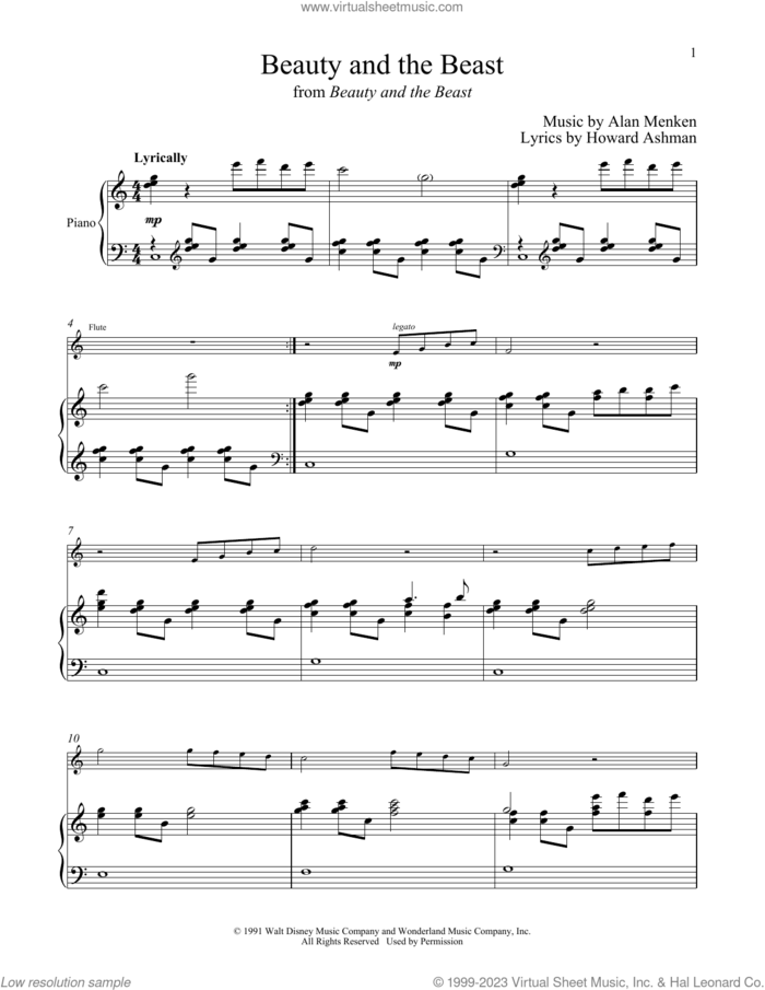 Beauty And The Beast sheet music for flute and piano by Alan Menken, Celine Dion & Peabo Bryson, Alan Menken & Howard Ashman and Howard Ashman, intermediate skill level