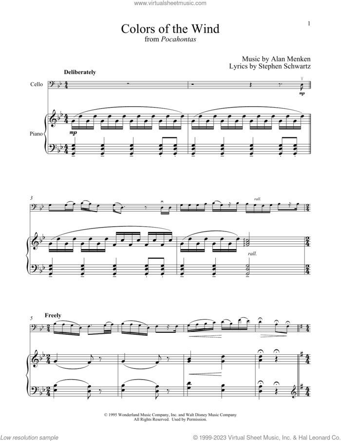 Colors Of The Wind (from Pocahontas) sheet music for cello and piano by Alan Menken, Vanessa Williams and Stephen Schwartz, intermediate skill level