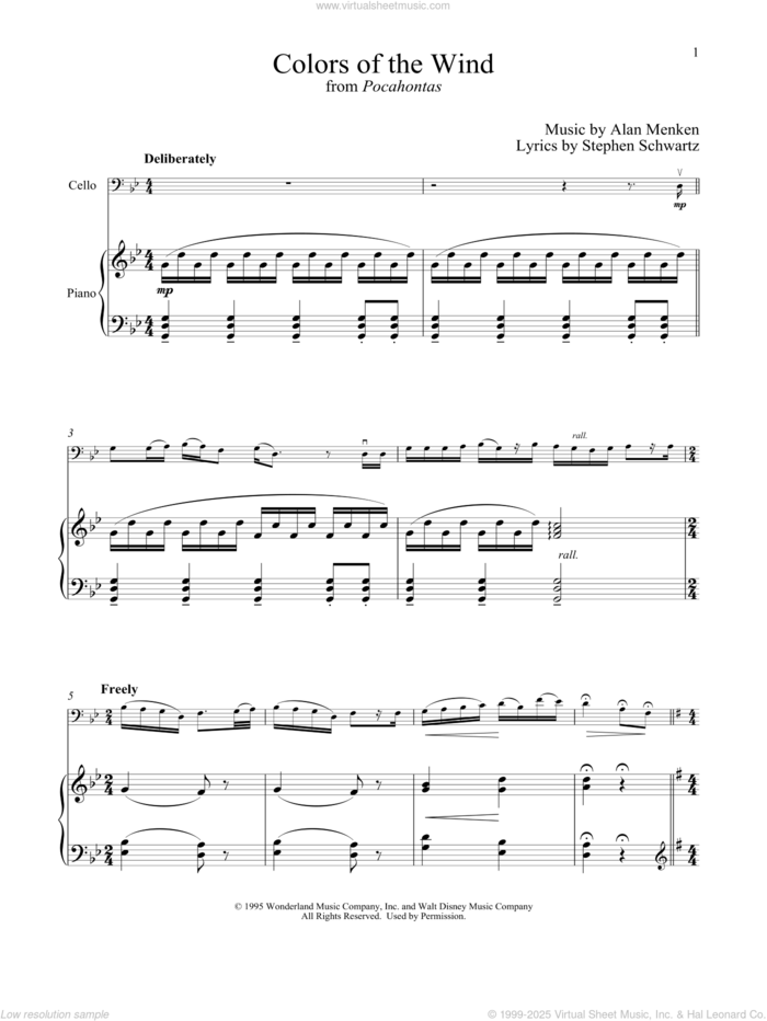 Colors Of The Wind (from Pocahontas) sheet music for cello and piano by Alan Menken, Vanessa Williams and Stephen Schwartz, intermediate skill level