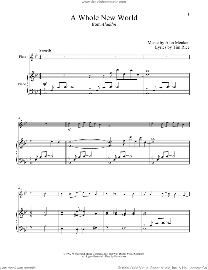 A Whole New World (from Aladdin) sheet music for flute and piano by Alan Menken, Alan Menken & Tim Rice and Tim Rice, intermediate skill level