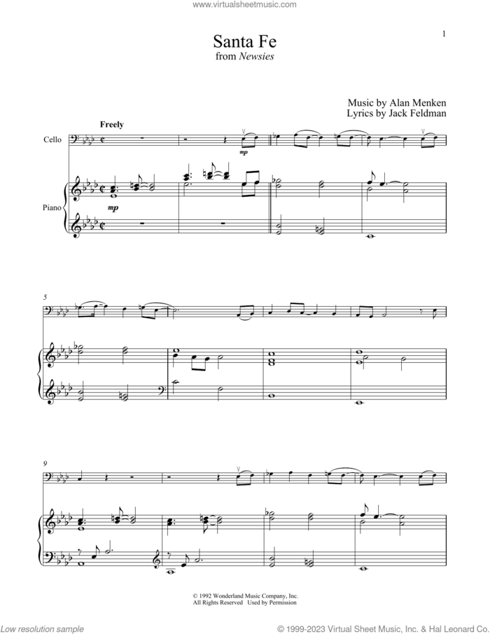 Santa Fe (from Newsies) sheet music for cello and piano by Alan Menken and Jack Feldman, intermediate skill level