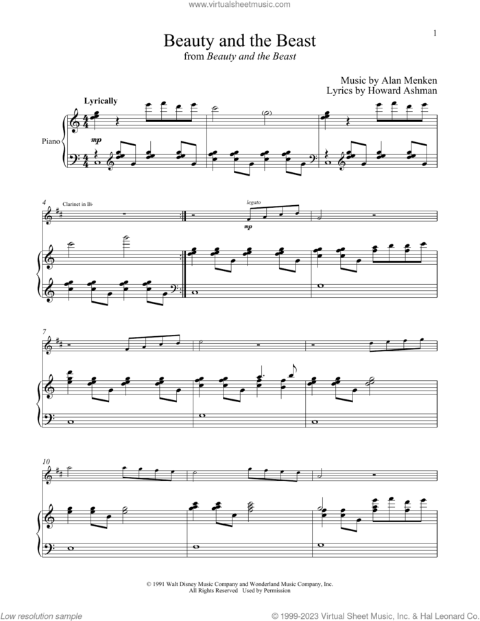 Beauty And The Beast sheet music for clarinet and piano by Alan Menken, Celine Dion & Peabo Bryson, Alan Menken & Howard Ashman and Howard Ashman, intermediate skill level