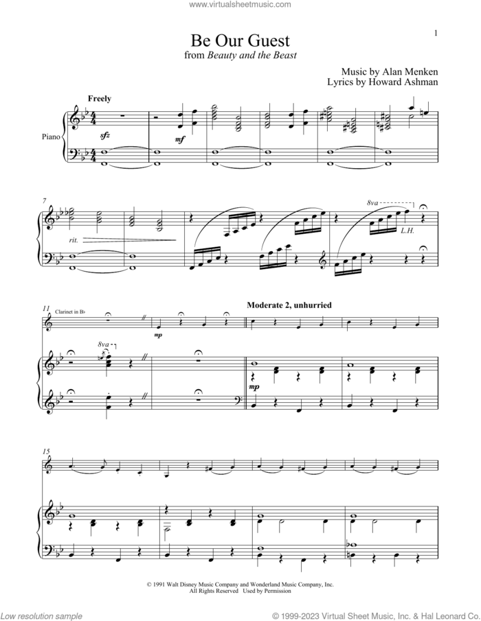 Be Our Guest (from Beauty And The Beast) sheet music for clarinet and piano by Alan Menken, Alan Menken & Howard Ashman and Howard Ashman, intermediate skill level