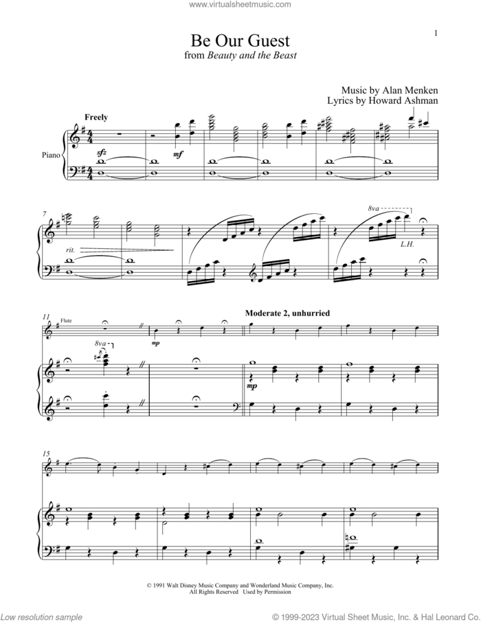 Be Our Guest (from Beauty And The Beast) sheet music for flute and piano by Alan Menken, Alan Menken & Howard Ashman and Howard Ashman, intermediate skill level