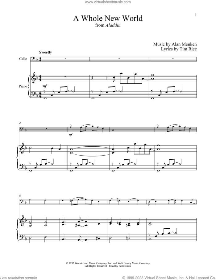 A Whole New World (from Aladdin) sheet music for cello and piano by Alan Menken, Alan Menken & Tim Rice and Tim Rice, intermediate skill level