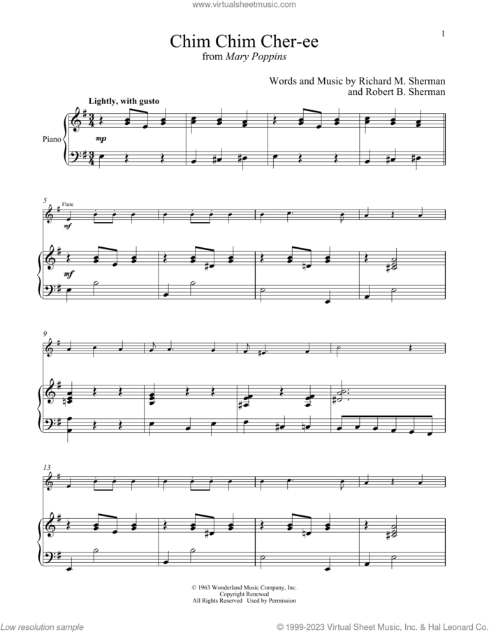 Chim Chim Cher-ee (from Mary Poppins) sheet music for flute and piano by Richard M. Sherman, Robert B. Sherman and Sherman Brothers, intermediate skill level