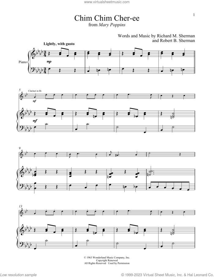 Chim Chim Cher-ee (from Mary Poppins) sheet music for clarinet and piano by Richard M. Sherman, Robert B. Sherman and Sherman Brothers, intermediate skill level