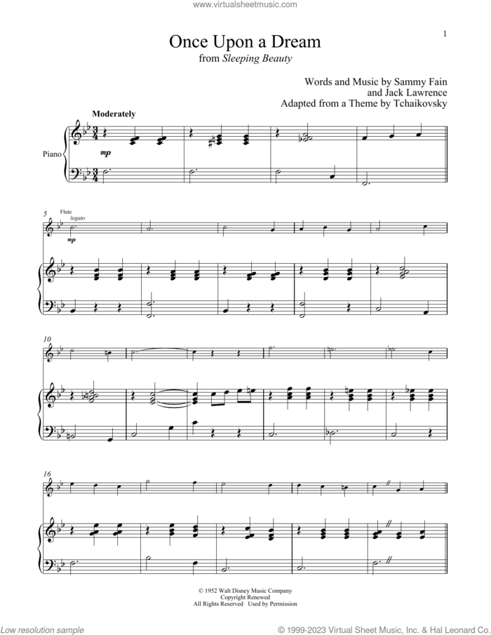 Once Upon A Dream (from Sleeping Beauty) sheet music for flute and piano by Sammy Fain, Jack Lawrence and Sammy Fain & Jack Lawrence, intermediate skill level