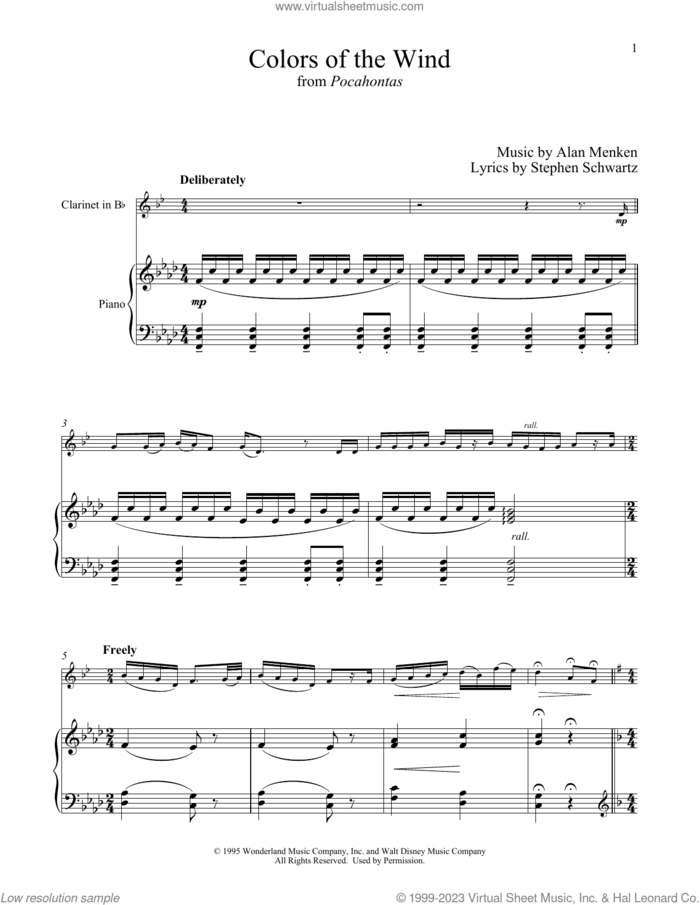 Colors Of The Wind (from Pocahontas) sheet music for clarinet and piano by Alan Menken, Vanessa Williams and Stephen Schwartz, intermediate skill level