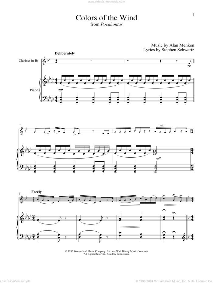 Colors Of The Wind (from Pocahontas) sheet music for clarinet and piano by Alan Menken, Vanessa Williams and Stephen Schwartz, intermediate skill level