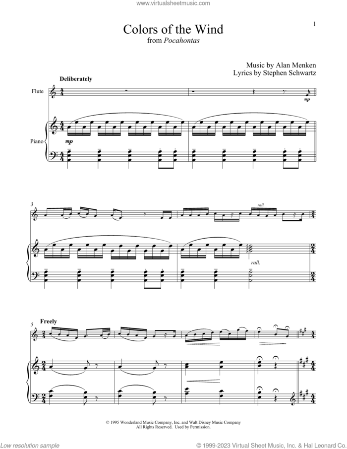 Colors Of The Wind (from Pocahontas) sheet music for flute and piano by Alan Menken, Vanessa Williams and Stephen Schwartz, intermediate skill level