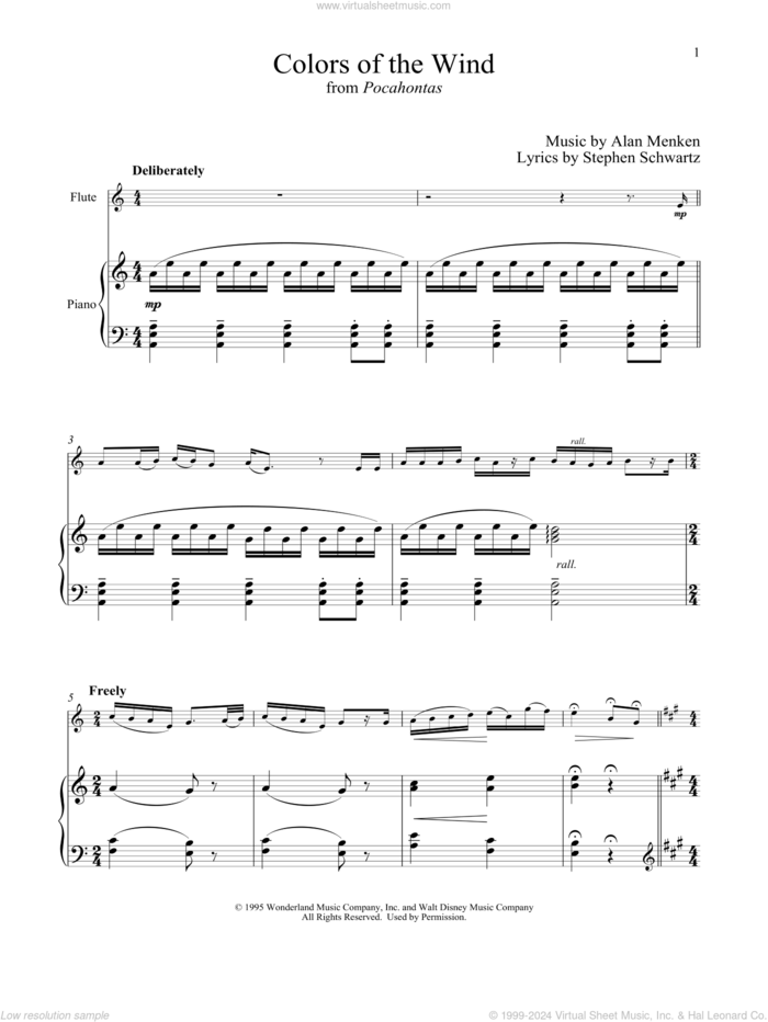 Colors Of The Wind (from Pocahontas) sheet music for flute and piano by Alan Menken, Vanessa Williams and Stephen Schwartz, intermediate skill level