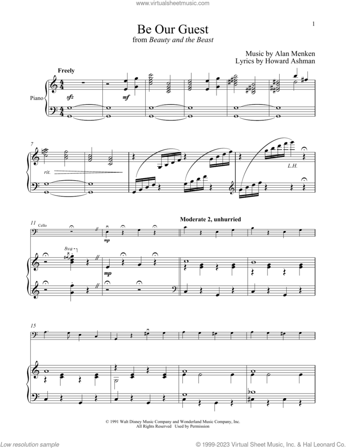 Be Our Guest (from Beauty And The Beast) sheet music for cello and piano by Alan Menken, Alan Menken & Howard Ashman and Howard Ashman, intermediate skill level